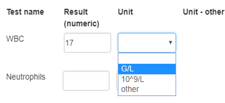 Polom na wyniki badań laboratoryjnych, metod diagnostycznych itp. powinny towarzyszyć pola na jednostki.